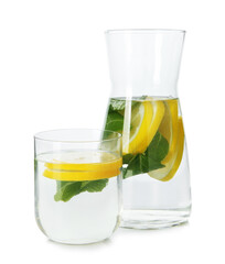 Refreshing water with lemon and mint isolated on white