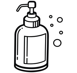 A hand-drawn illustration of a pump bottle, possibly containing soap or sanitizer, with bubbles floating around it on a white background, suggesting hygiene and cleanliness