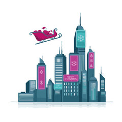 Obraz premium Futuristic Santa sleigh flying between sci-fi skyscrapers with holographic Christmas signs and digital snowflakes, magenta and teal glow, minimalist vector on white background, isolated composition