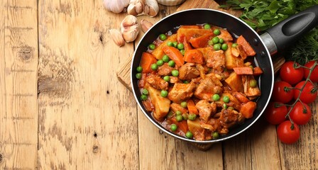 Delicious cooked stew in frying pan and ingredients on wooden table, flat lay. Space for text