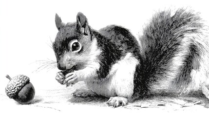 Detailed vector of a squirrel holding an acorn, drawn with fine black strokes on white background. Symbolizes preparation and balance. Perfect for autumn-themed designs, eco art,.