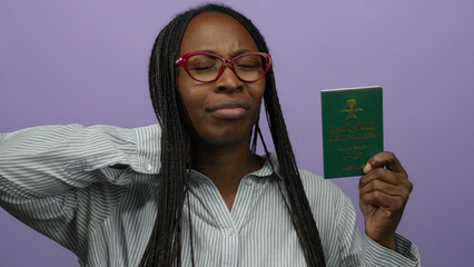Woman holding saudi arabian passport against purple background, wearing glasses and striped shirt, appearing thoughtful.