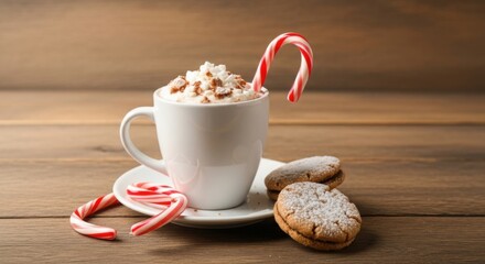 Hot chocolate with whipped cream and candy cane, served with cookies