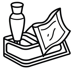 Black and White Illustration of a Container with Cream, Cloth, and Slices for Graphic Design