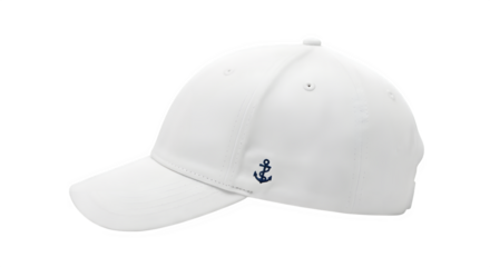 A clean white baseball cap with a subtle navy blue anchor logo on the side, perfect for casual wear and sun protection isolated on transparent background this cap is a stylish accessory