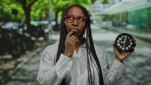 Woman with red glasses and striped shirt holds a clock while standing on an urban street with green trees, evoking a thoughtful expression and time management theme.