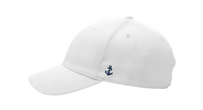 A clean white baseball cap with a subtle navy blue anchor logo on the side, perfect for casual wear and sun protection isolated on transparent background this cap is a stylish accessory
