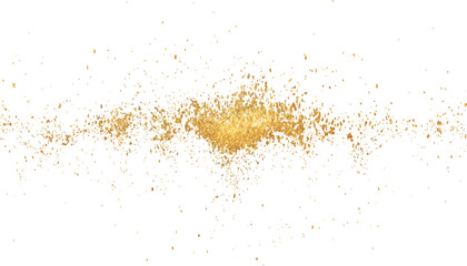Golden dust on transparent white background. Golden glitter texture on white abstract background. 