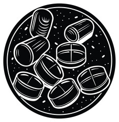 A circular arrangement of various pills and capsules, depicted in a stylized, graphic illustration with a black and white color scheme, suggesting medication or health-related themes