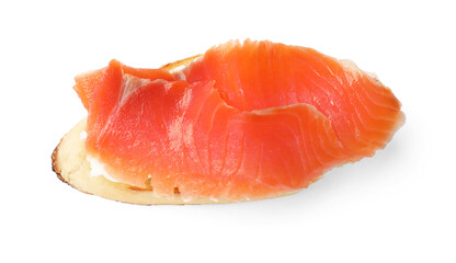 Tasty bruschetta with salmon and cream cheese isolated on white, top view