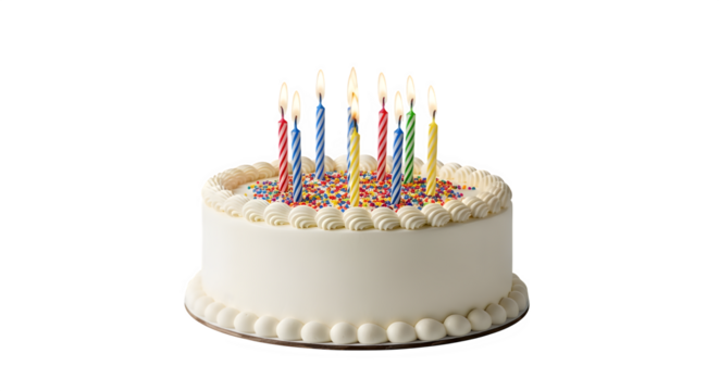 A delightful birthday cake adorned with colorful candles and sprinkles, set against a pristine transparent background, ready to celebrate a special occasion, isolated on transparent background