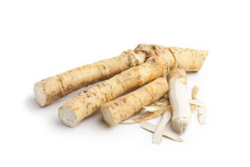 Fresh raw horseradish roots isolated on white