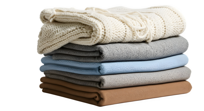 A neatly stacked pile of soft blankets in varying neutral tones offers warmth and comfort, isolated on transparent background the textures create a cozy and inviting atmosphere, perfect for relaxation