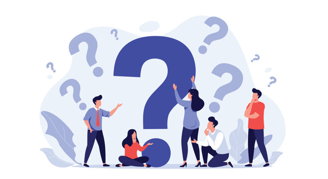 A diverse team collaboratively explores a large question mark, symbolizing collective problem-solving, inquiry, and the search for answers in a complex situation.