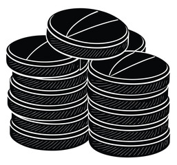 An isolated vector graphic depicting three neat stacks of black, round, layered multi-phase tablets on a clean white background