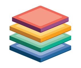 Isometric illustration of stacked, colorful, layered squares with a subtle shadow effect on a clean white background, representing data layers, conceptual organization, or multi-stage processes