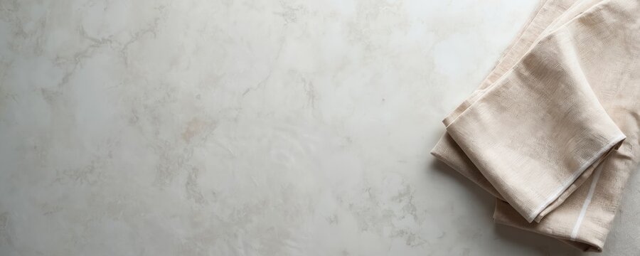 Folded beige linen napkin rests on a light gray marble table surface. Minimalist top down view provides copy space for text or product placement. Natural material texture forms background.