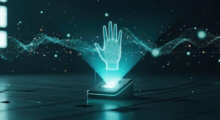 Biometric security system scanning a holographic hand fingerprint
