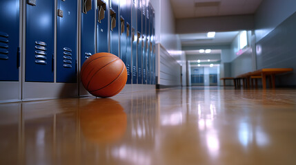 Defocused image of an empty locker room corridor with a basketball rolling slowly across the floor, symbol of fading energy, with copy space