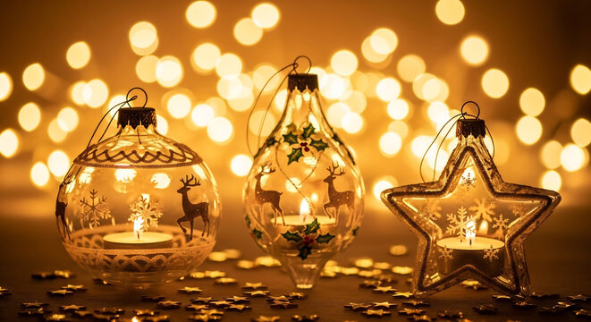 Golden holiday magic whisked together with festive reindeer ornaments and sparkling star decorations against a warm bokeh light display