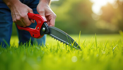 Man trims green grass with hedge shears in bright sunny day light. Person takes care of backyard lawn during summer time. Focus on tool and green nature outdoor.