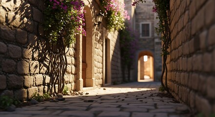 Fototapeta premium Sunlit cobblestone alleyway in an old European town with stone walls and flowering vines street old town