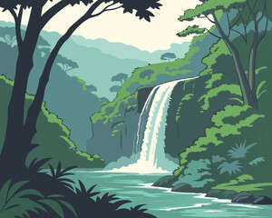 Beautiful waterfall in the jungle with lush green trees and vegetation © Basunia