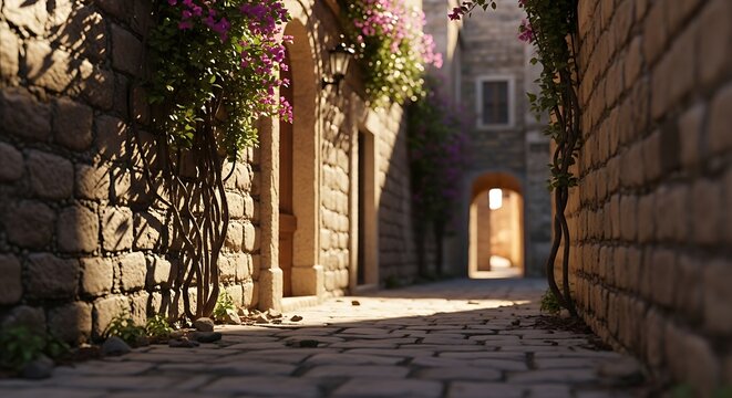 Sunlit cobblestone alleyway in an old European town with stone walls and flowering vines street old town