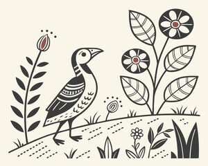 Stylized bird with flowers and leaves, a folk art inspired illustration