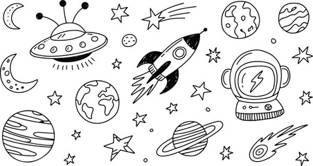 Hand-Drawn Space Vector Illustration Set Featuring UFOs, Rockets, Planets, Stars, Comets, and Astronauts in Doodle Style