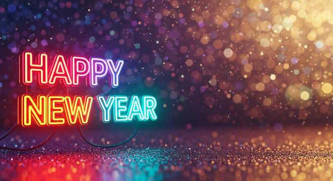 A vibrant mix of festive celebration featuring a glowing Happy New Year neon sign on a shimmering, colorful bokeh light background - Powered by Adobe