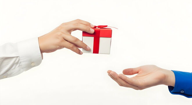 Hand giving a gift box with red ribbon to another hand isolated on white background