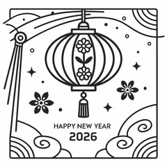 Happy New Year 2026 Chinese Lantern Celebration Line Art vector illustration