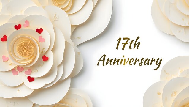 Elegant 17th anniversary design with white paper flowers, red hearts, and golden text isolated on white background, perfect for cards and invitations