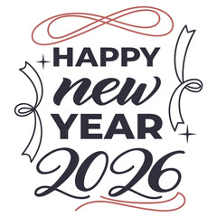 Happy New Year 2026 text with ribbons and decorative flourishes Keywords: 2026, happy new year