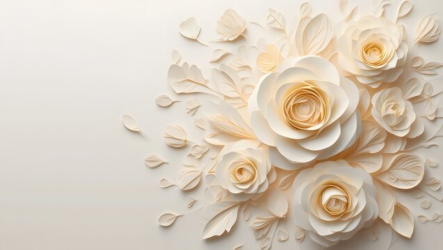 Exquisite arrangement of handcrafted paper flowers in soft white and cream tones, creating a delicate and elegant floral display with a luxurious feel