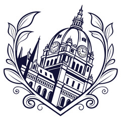 Architectural Dome Building within a Heart- Shaped Laurel Frame architecture clock