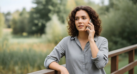 Young woman with curly hair talking on the phone while leaning on a wooden bridge outside