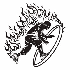 Basketball player jumping through flaming hoop in silhouette athlete sport