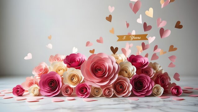 Charming display of paper roses and hearts on a marble surface, creating a romantic and festive atmosphere for love and celebration