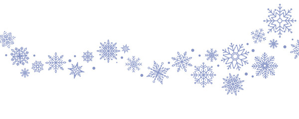 Winter border with light blue snowflakes on white background. Minimal festive garland for Christmas and New Year decoration. Frosty elegant design for greeting card or banner. Flat vector illustration
