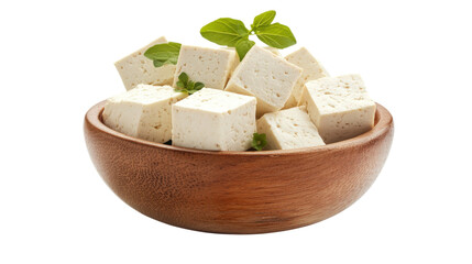 A bowl of white tofu is sitting on a white background 