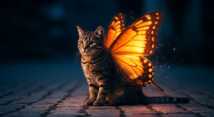 Cat with Butterfly Wings on Cobblestone Street