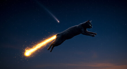 Black Cat Flying with Fire Tail in Night Sky