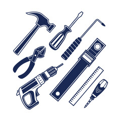 Vector set of tools icons with hammer wrench screwdriver and construction equipment