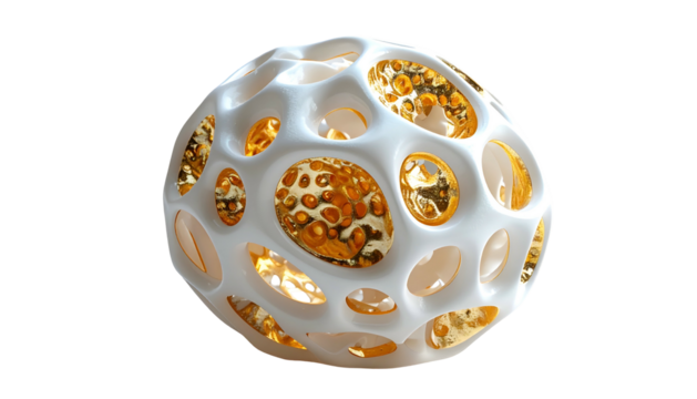 A rendered, spherical object with a white, porous exterior revealing a gold interior