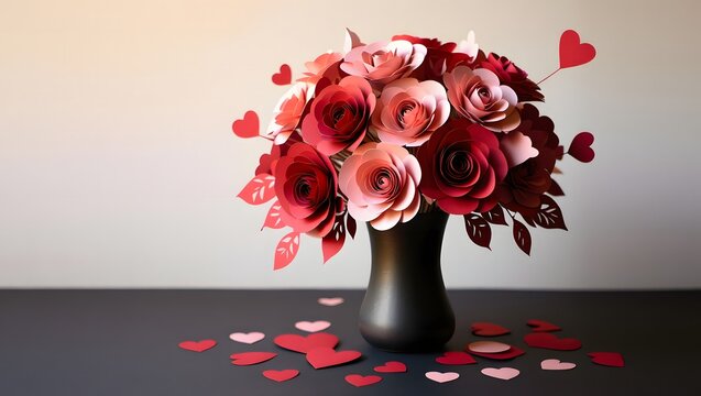 A romantic bouquet of red and pink paper roses in a black vase, surrounded by scattered red paper hearts on a dark surface against a light background