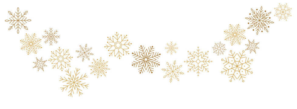 Winter border with gold snowflakes on white background. Minimal festive garland for Christmas and New Year decoration. Frosty elegant design for greeting card or banner. Flat vector illustration