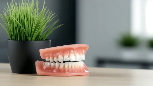 Dental model with realistic teeth placed on a wooden table next to a plant in a modern, bright environment