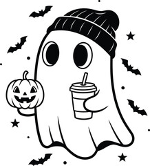 Cute cartoon ghost wearing a beanie holding a pumpkin and a drink